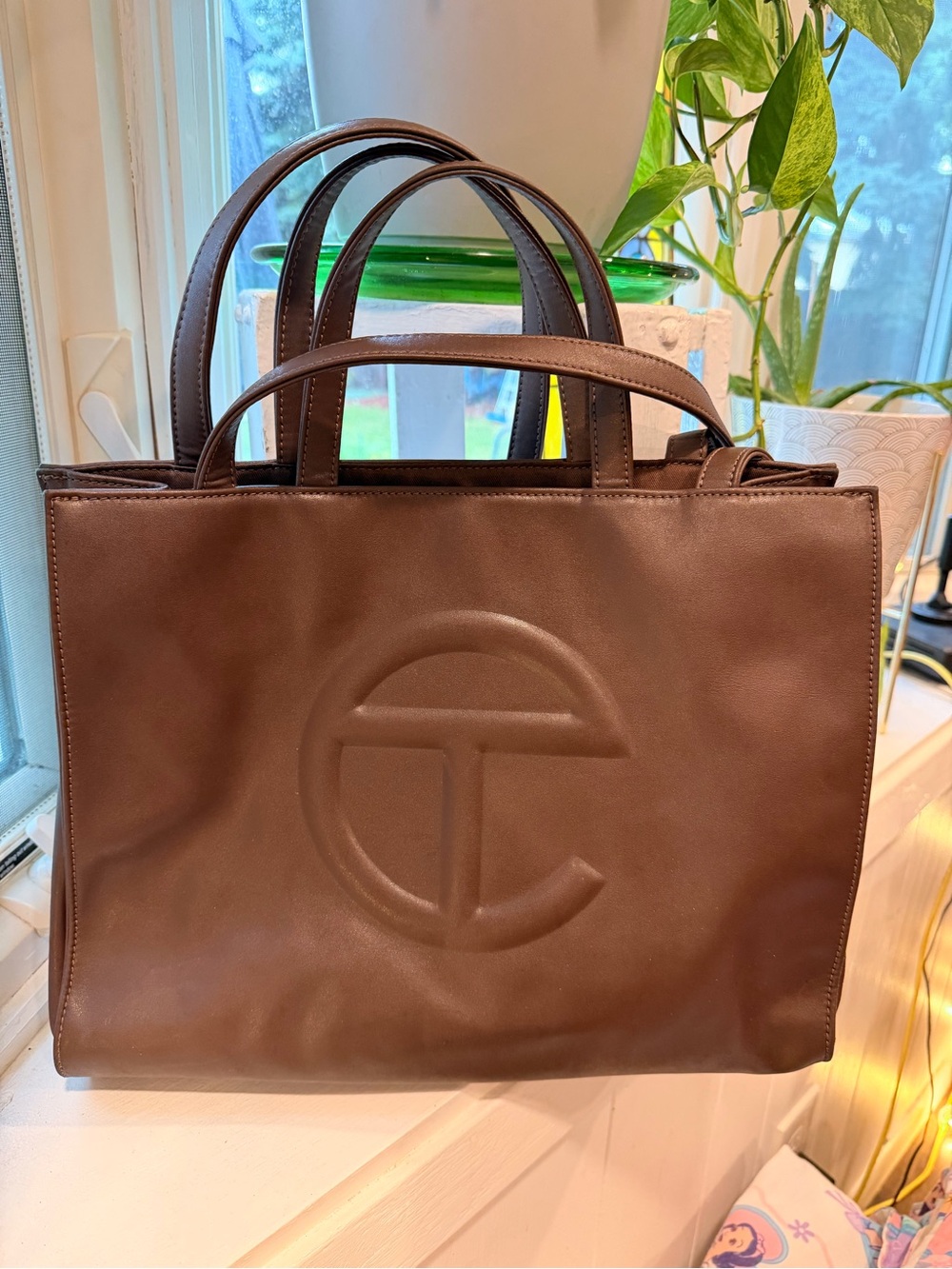 Telfar Brown Leather Shopping Tote with Embossed Logo